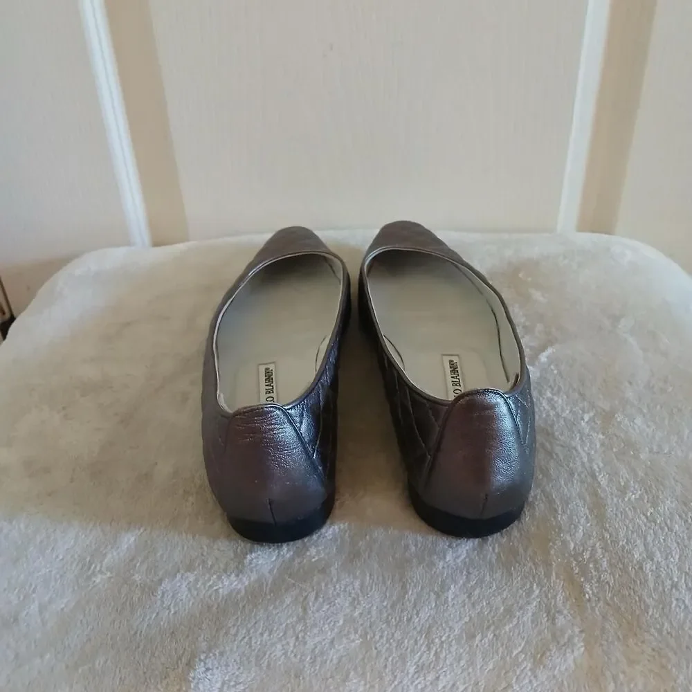 Manolo Blahnik Giungla Silver Quilted Leather Square Toe Ballet Flats 39 Luxury - Picture 6 of 8